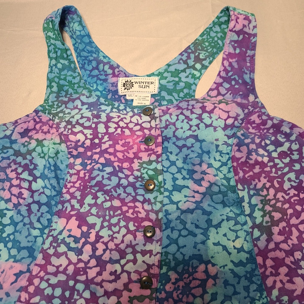 Winter Sun Batik Mini Dress Womens ML Blue Purple Button‎ Front Racerback Boho